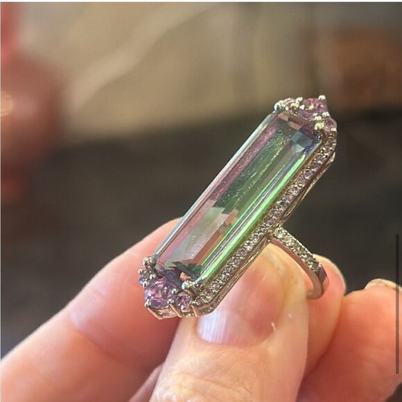 COLORSHIFT RING AMETHYST, QUARTZ & TOPAZ 10+ CARATS RHODIUM OVER SS SIZE 7 NEW - Picture 5 of 14